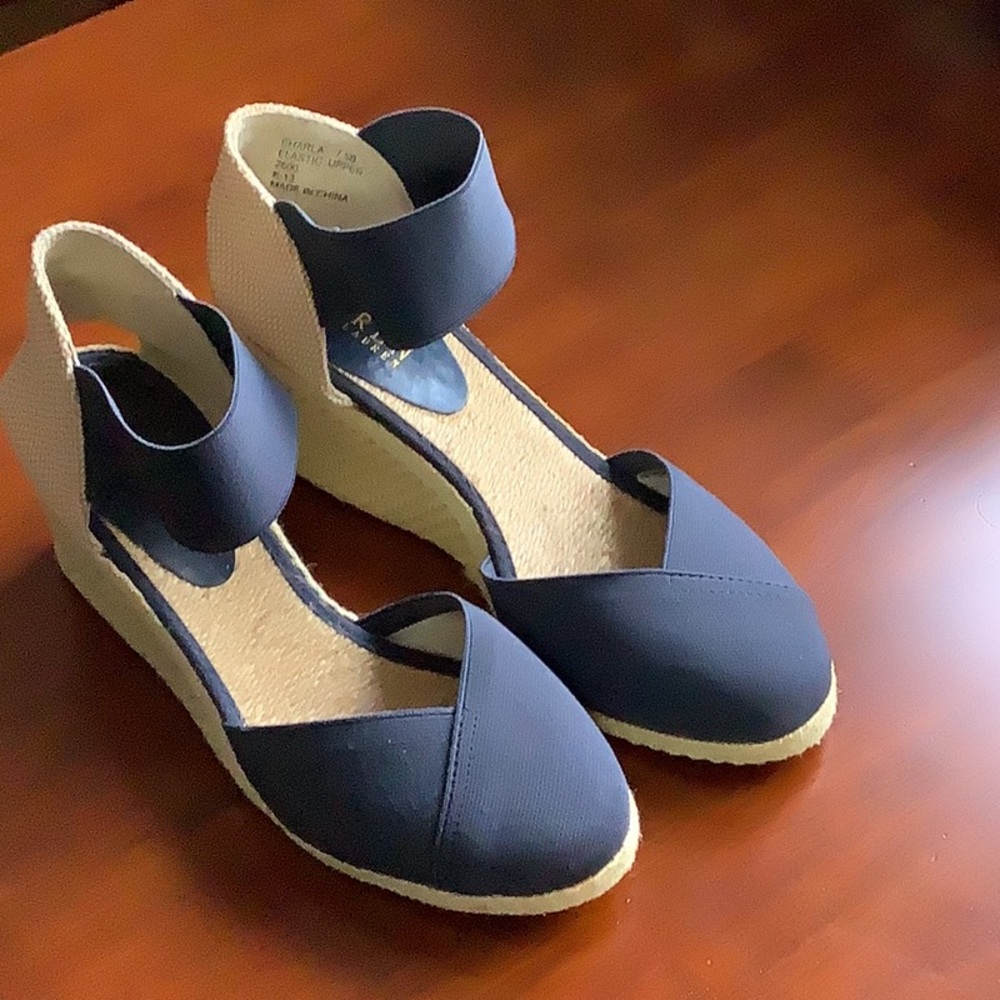 Ralph Lauren Blue and Beige Espadrille Wedges